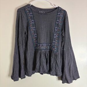 LOFT Women’s Size Medium Navy and White Striped Embroidered Blouse Long Sleeve